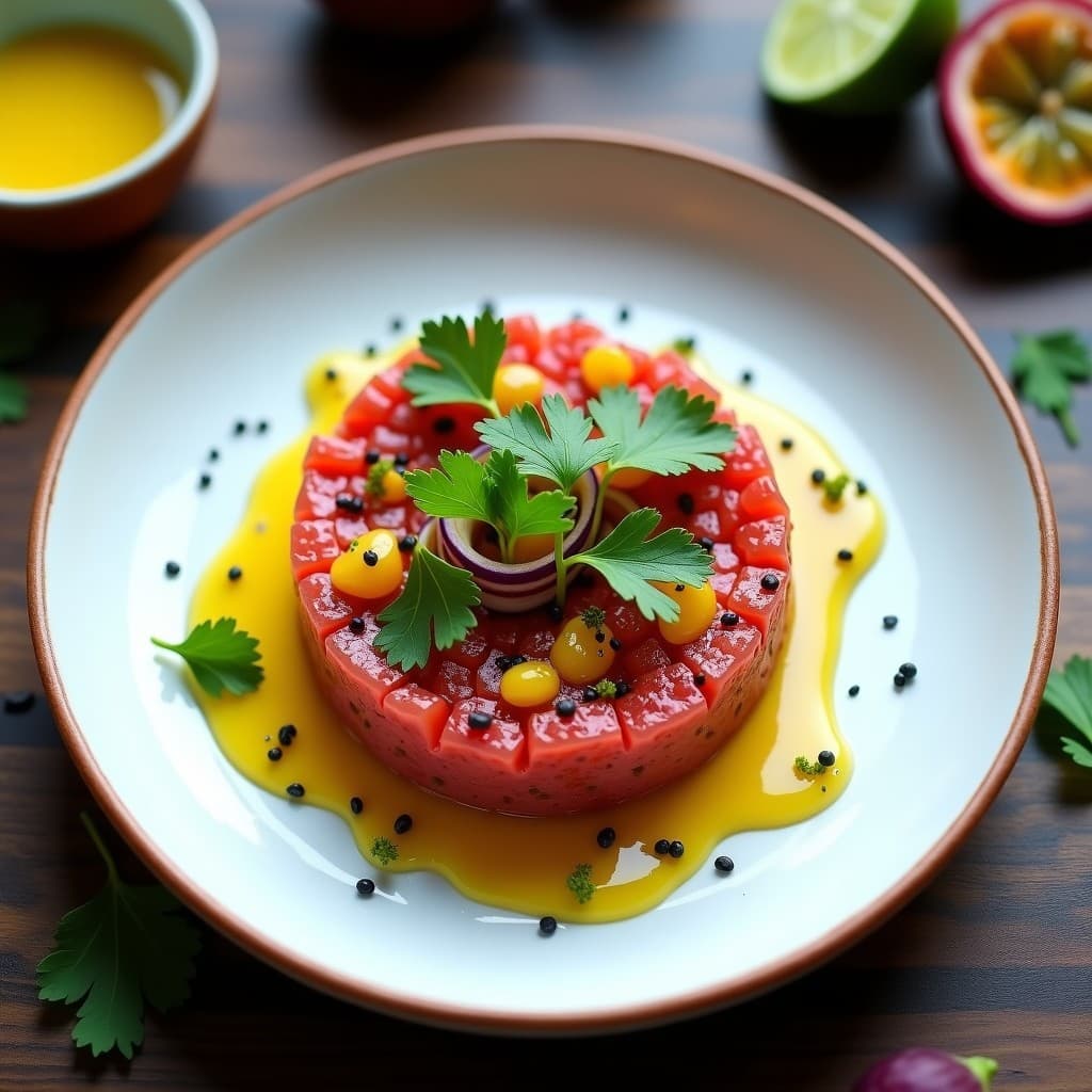 Tartar de algas wakame y maracuyá con vinagreta de yuzu servido en molde redondo, decorado con semillas de sésamo negro, cilantro fresco y ralladura de limón verde sobre plato blanco de cerámica. Receta vegana y antioxidante.