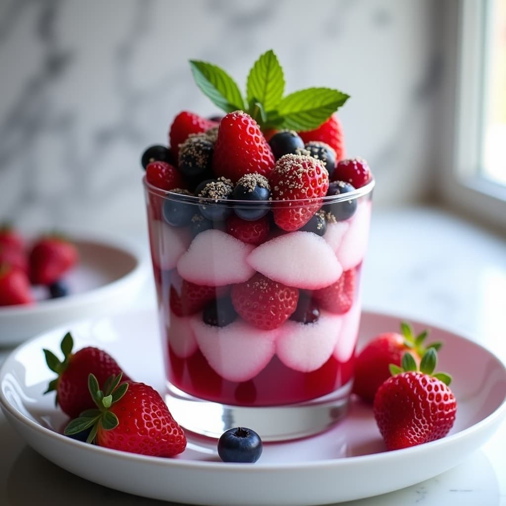Tartar de algodón de azúcar vegano sin azúcar con capas de frutos rojos frescos, semillas de chía y decoración de hojas de menta, servido en copa de cristal transparente sobre fondo blanco.
