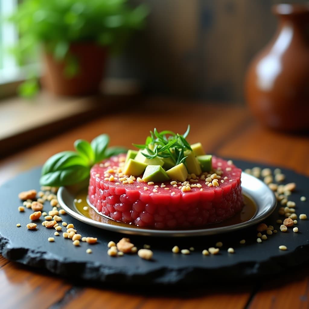 Tartar de atún rojo vegano con levadura nutricional servido en molde redondo, decorado con semillas de sésamo y cebollino fresco sobre fondo oscuro. Plato alto en Omega-3 y 100% vegetal.
