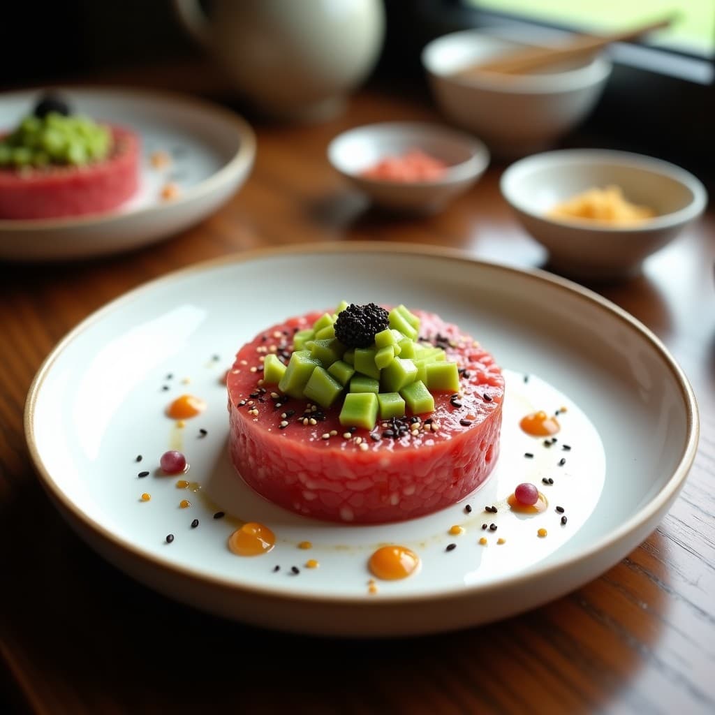 Plato blanco minimalista con tartar de atún rojo y aguacate en molde redondo, decorado con caviar de lima brillante, semillas de sésamo negro y algas nori. Presentación elegante con palillos y hilo de aceite de sésamo.