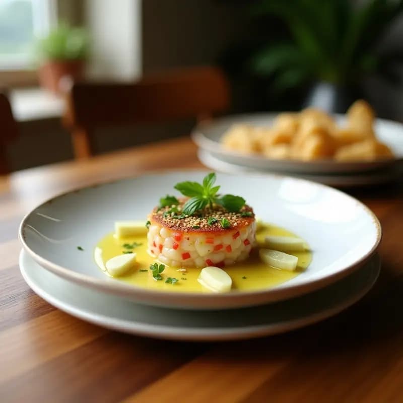 Tartar de atún rojo y aguacate en capas, con vinagreta de sésamo y decoración de semillas de sésamo negro y blanco, pimiento rojo en juliana y cebollino. Plato japonés bajo en calorías servido en molde redondo sobre tabla de madera oscura.
