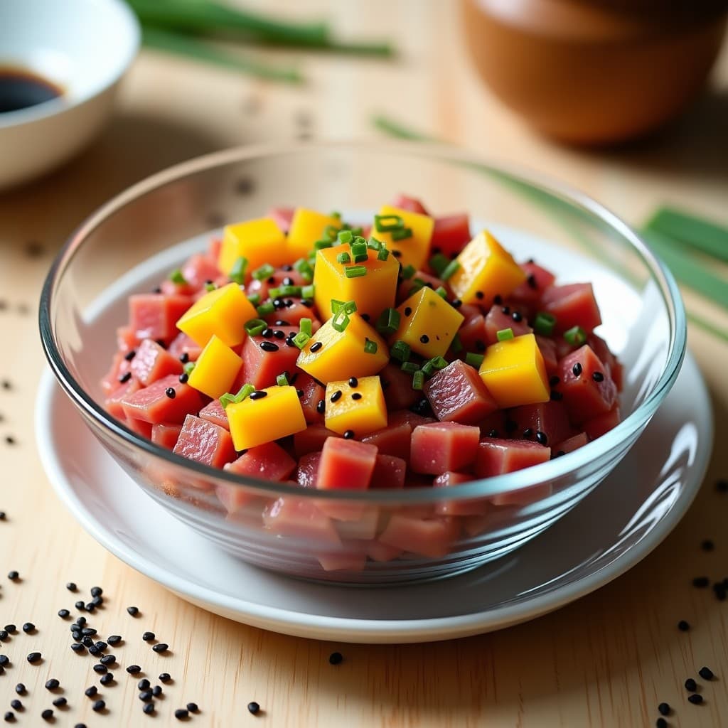 Tartar de atún con mango y salsa de sésamo negro servido en un tupper de cristal, con capas visibles de atún rojo en cubos, mango dorado y sésamo negro espolvoreado. Acompañado de cebollino fresco y algas nori en copos.