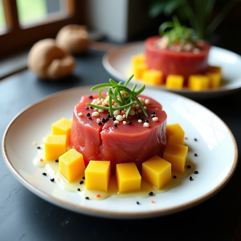 Tartar de atún con mango y wasabi servido en plato blanco, con dados de atún rojo, cubos de mango amarillo, semillas de sésamo negro y decoración de algas nori y cebollino, receta fresca y picante de cocina japonesa.