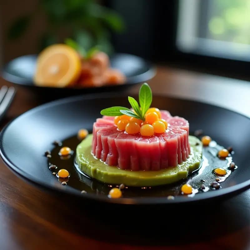 Tartar de atún rojo fresco finamente picado sobre base de aguacate, bañado con aceite de sésamo tostado y decorado con caviar de cítricos brillante, servido en plato de porcelana negra con semillas de sésamo negro esparcidas.