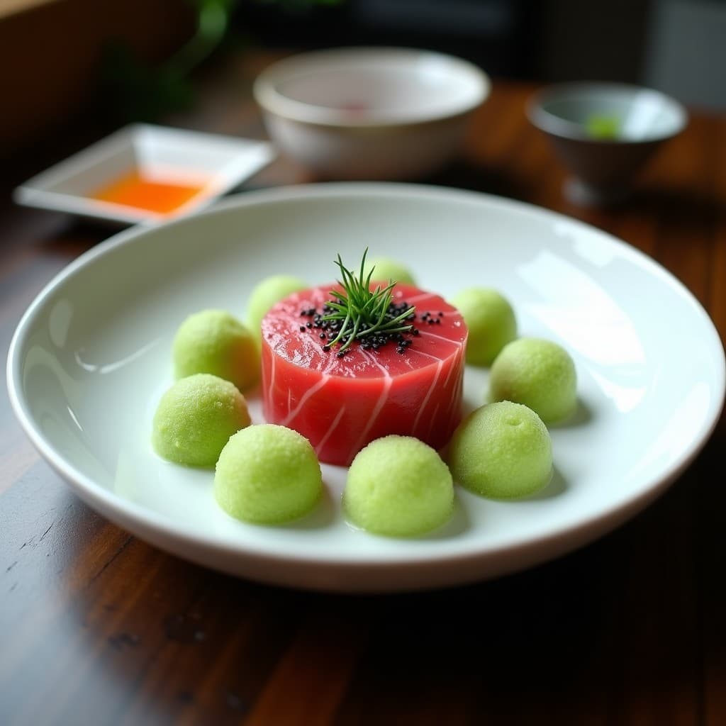 Plato de tartar de atún rojo fresco con cubos perfectos, rodeado de bolitas de algodón de azúcar de wasabi y semillas de sésamo negro, sobre una base de hielo seco con niebla, receta fusion japonesa.