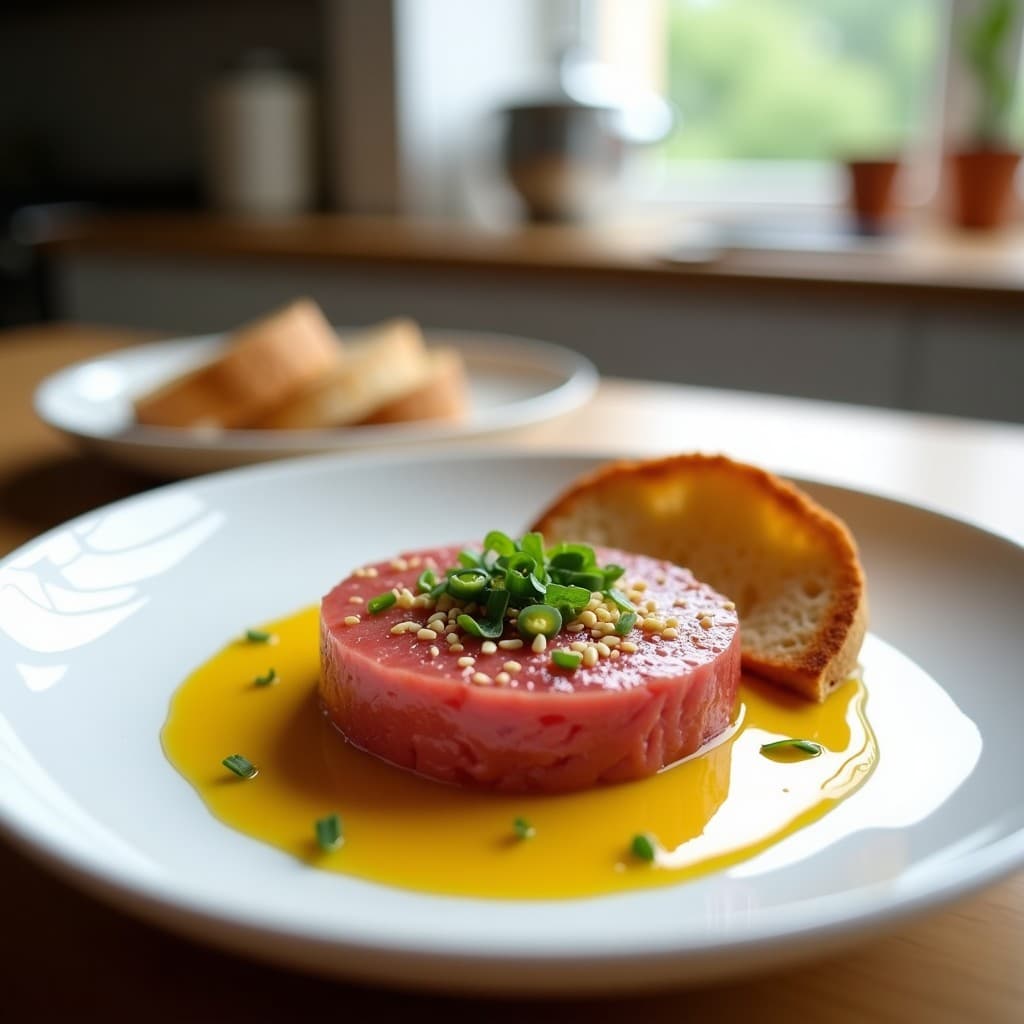 Plato blanco minimalista con tartar de atún rojo en molde redondo, decorado con salsa amarilla de maracuyá y jalapeño, semillas de sésamo tostado y cebollino picado. Acompañado de tostadas de pan sin gluten.