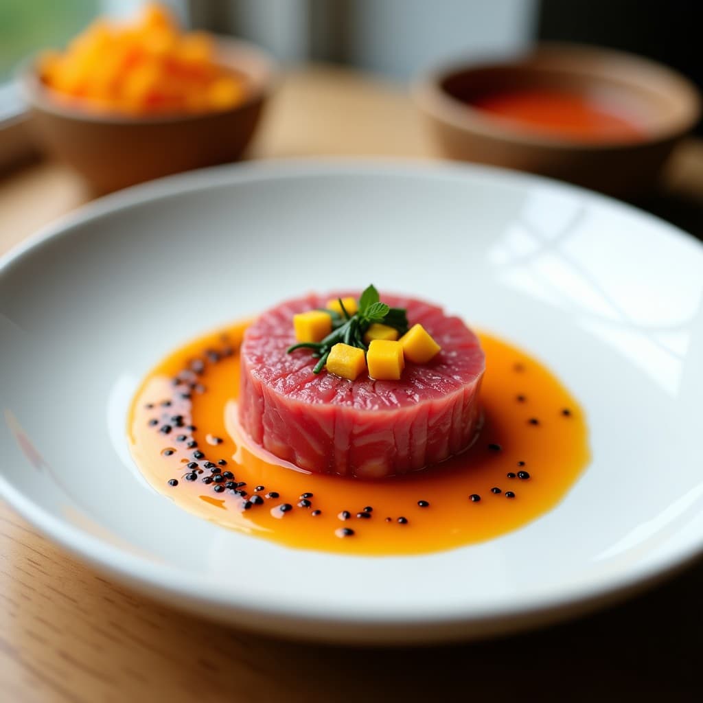 Tartar de atún rojo fresco en molde redondo, rodeado de salsa de mango y chili de color naranja vibrante, decorado con semillas de sésamo negro, láminas de alga nori y cubos de mango maduro sobre plato blanco minimalista.
