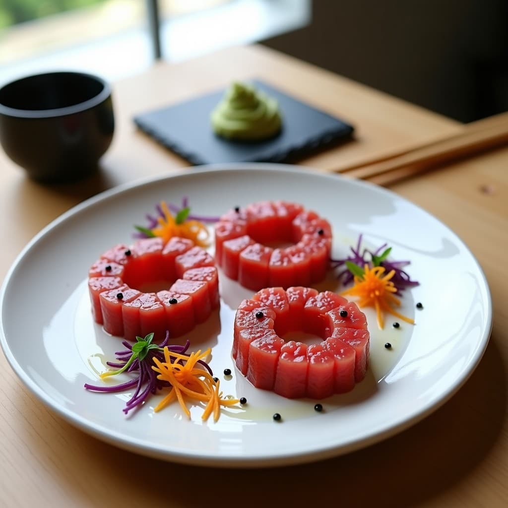 Plato blanco minimalista con tartar de atún rojo en moldes de anillo, rodeado de encurtidos de zanahoria morada y naranja, decorado con semillas de amapola negra y cebollino. Receta japonesa gourmet de tartar de atún con wasabi.