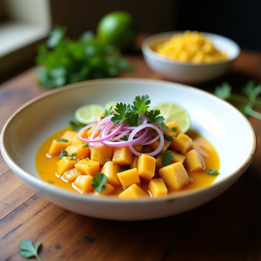 Plato de ceviche peruano gourmet con trozos de corvina marinados en salsa de lucuma y ají amarillo, acompañado de camote morado y choclo, decorado con culantro fresco.