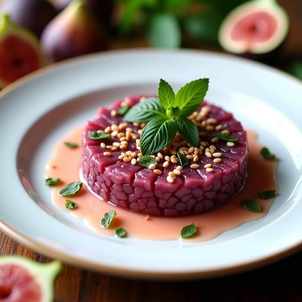 Tartar de cebolla morada y higos frescos en un plato blanco, con semillas de sésamo y hojas de menta, servido como aperitivo vegano y crudivegano.