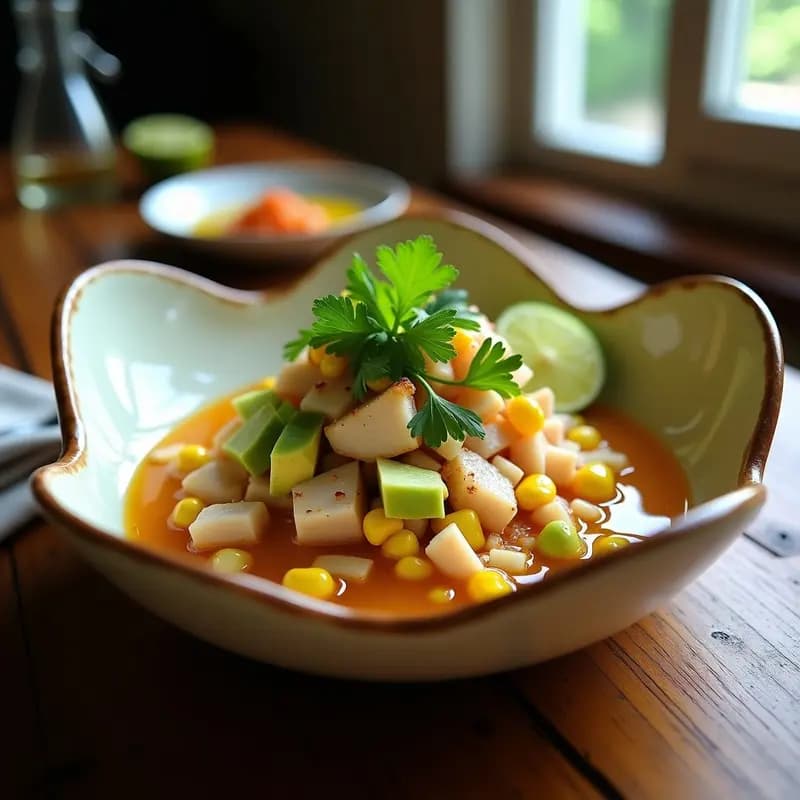 Tartar ceviche peruano servido en copa de cristal con pescado de Coruña en cubos, aguacate, maíz tostado y almendras, decorado con cilantro fresco.