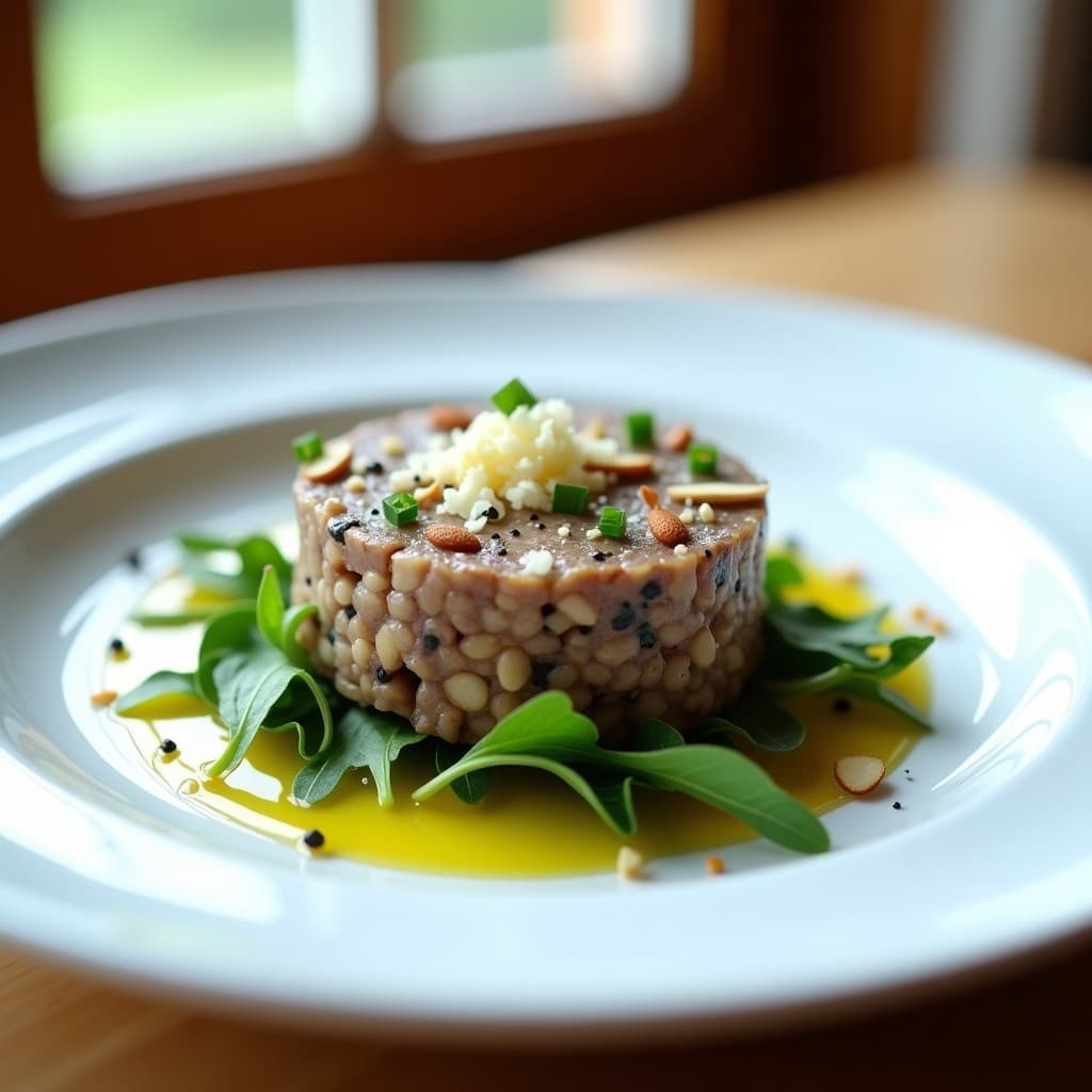 Plato blanco minimalista con tartar de champiñones portobello en montículos perfectos, coronado con copos de queso pecorino, almendras fileteadas doradas y un hilo de aceite de trufa negra. Acompañado de hojas de rúcula baby y decorado con cebollino picado, sobre fondo de madera clara.