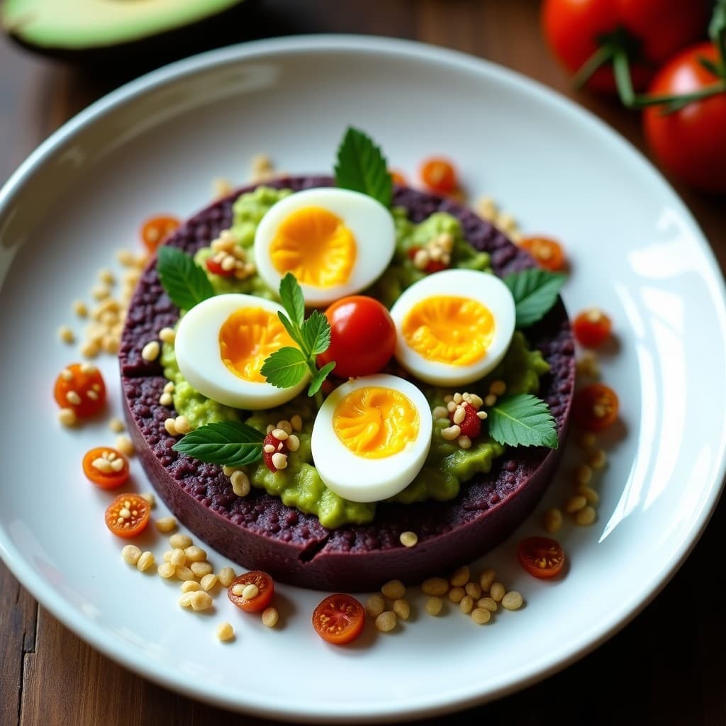 Tartar de chuño boliviano servido en plato blanco con molde redondo, base oscura de chuño y palta verde, coronado con huevos de codorniz abiertos y semillas de quinoa tostada, decorado con hojas de kinua.
