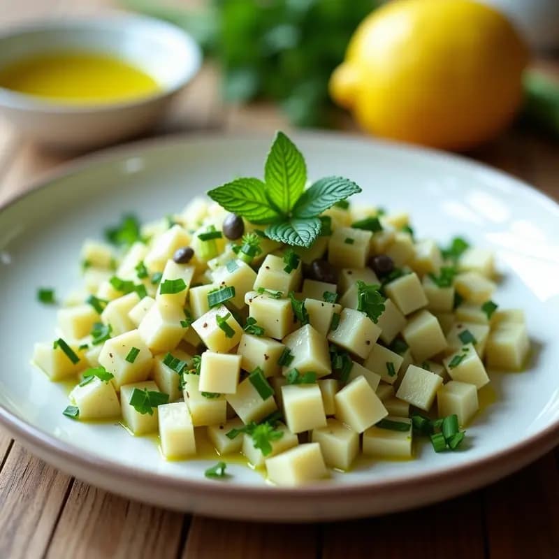 Plato blanco con tartar de alcachofa crudivegano, picado fino en cubos, mezclado con apio, cebollino y perejil, aliñado con limón y aceite de oliva, decorado con hojas de menta fresca.