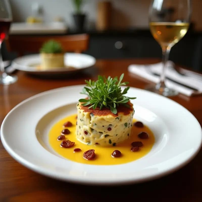 Copa de cristal transparente con tartar de alcachofa crudivegano, cubos de alcachofa fresca, cebolla morada, perejil y almendras fileteadas, decorado con hojas de menta y aliño dorado de aceite de oliva y limón.