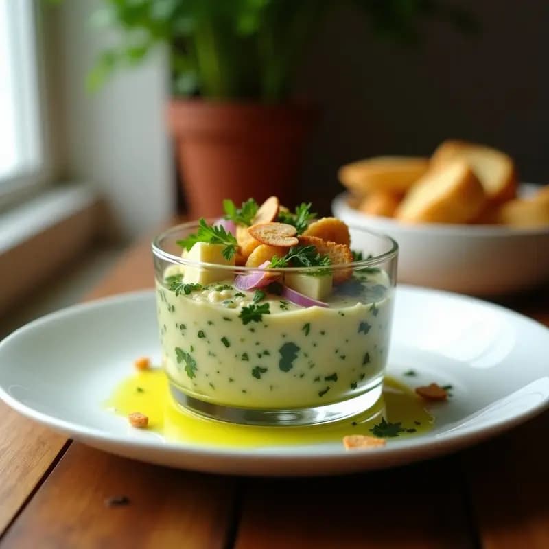 Copa de cristal transparente con tartar de alcachofas vegano, decorado con perejil fresco, almendras fileteadas tostadas y cubos de pan crujiente, servido sobre una mesa de madera rústica con un hilo de aceite de oliva.