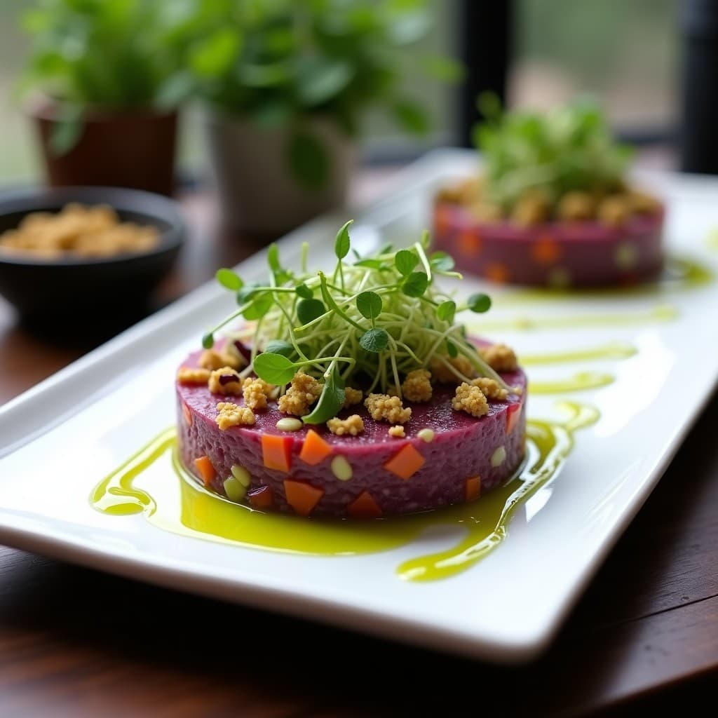 Plato blanco rectangular con tartar de jackfruit desmenuzado en forma redonda, rociado con aceite de pistacho dorado, decorado con microvegetales verdes y morados, pistachos picados y hojas de menta. Receta vegana gourmet de tartar de jackfruit con aceite de pistacho y microvegetales.