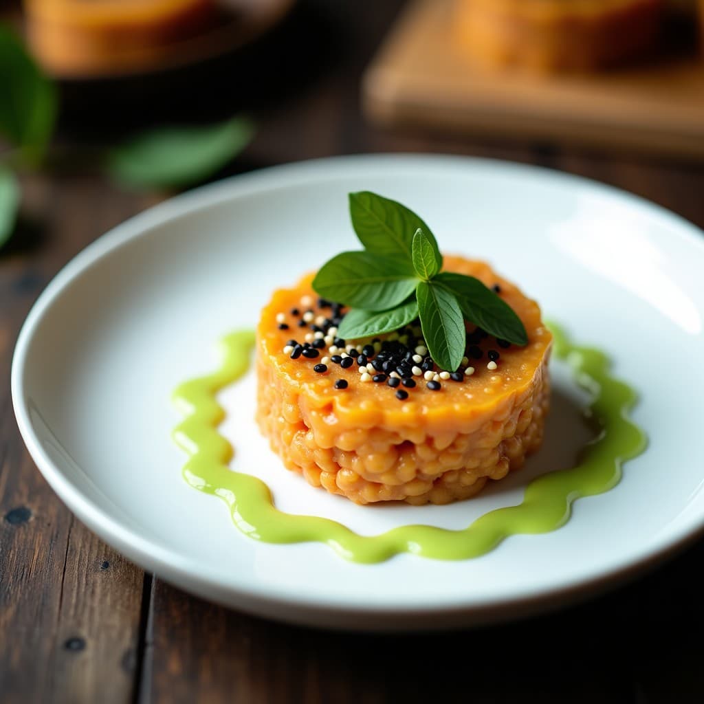 Plato blanco minimalista con tartar de jackfruit ahumado en forma circular, decorado con mayonesa de wasabi en zigzag, semillas de sésamo negro y hojas de shiso. Fondo oscuro con detalles de madera.