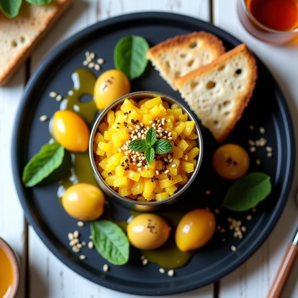 Tartar de jackfruit desmenuzado y maracuyá amarillo brillante servido en molde redondo, con vinagreta de tamarindo dorada, semillas de sésamo y alga nori espolvoreada. Acompañado de hojas de menta fresca y tostadas integrales. Receta vegana exótica y colorida.