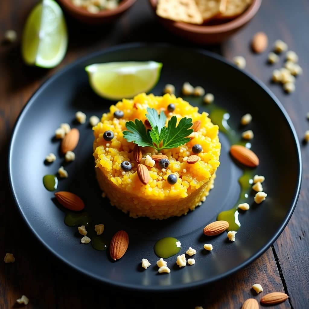 Tartar de jackfruit y maracuyá vegano en molde redondo sobre plato negro, decorado con semillas de maracuyá tostadas, almendras fileteadas y hojas de culantro. Presentación gourmet con crackers de quinoa al lado.
