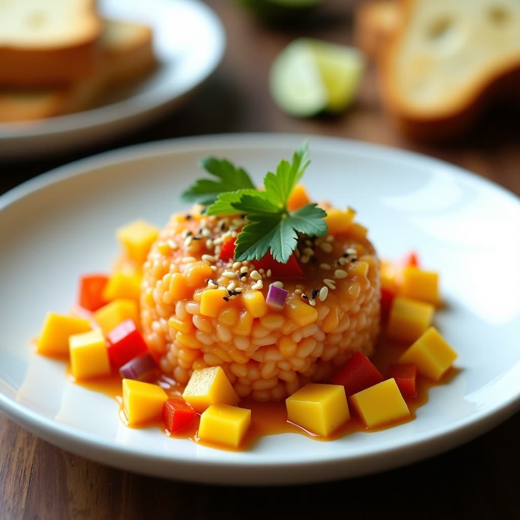 Tartar de jackfruit desmenuzado con trozos de mango fresco, cebolla morada y pimiento rojo, bañado en salsa de mango habanero de color naranja vibrante. Decorado con semillas de sésamo y hojas de cilantro, servido en un plato blanco con tostadas de pan sin gluten al lado. Receta vegana caribeña sin cocción.