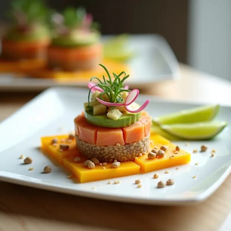 Tartar de mango y salmón ahumado fusion servido en copa de cristal transparente, con capas visibles de mango amarillo, salmón rosa y aguacate verde, decorado con semillas de sésamo, eneldo fresco y rodajas de limón amarillo sobre fondo de madera clara.