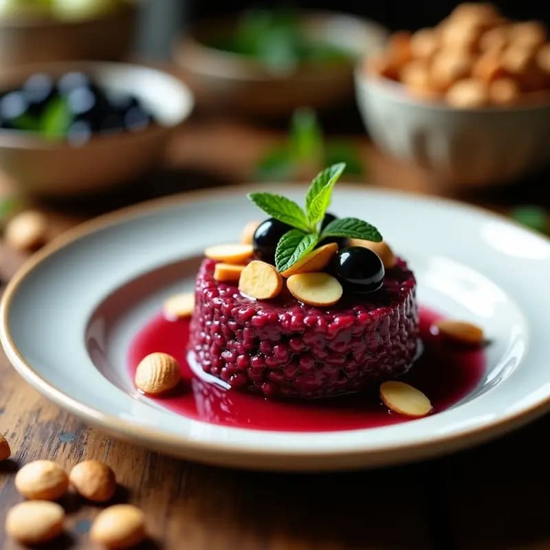 Plato blanco con tartar de remolacha y aceitunas negras vegano, presentando un molde redondo de mezcla vibrante de remolacha en cubos, aceitunas y hierbas, rodeado de rúcula baby y triángulos dorados de pan de trigo sarraceno crujiente, espolvoreado con semillas de sésamo tostado.