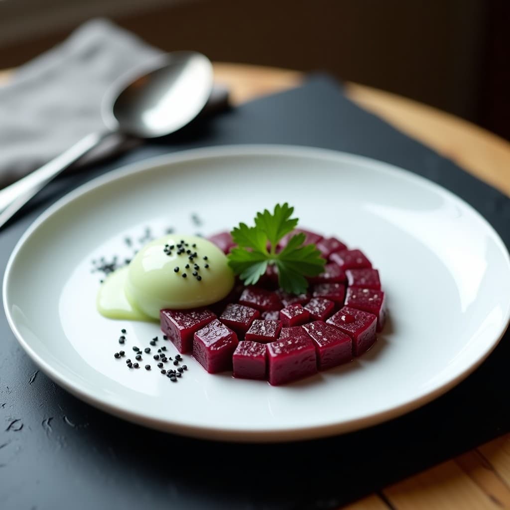 Plato blanco de alta cocina con tartar de remolacha morada en cubos, alcaparras y cebolla morada, acompañado de un quenelle de helado de wasabi verde pálido. Decorado con semillas de sésamo negro y hojas de cilantro. Receta vegana fusion de tartar de remolacha y alcaparras con helado de wasabi.