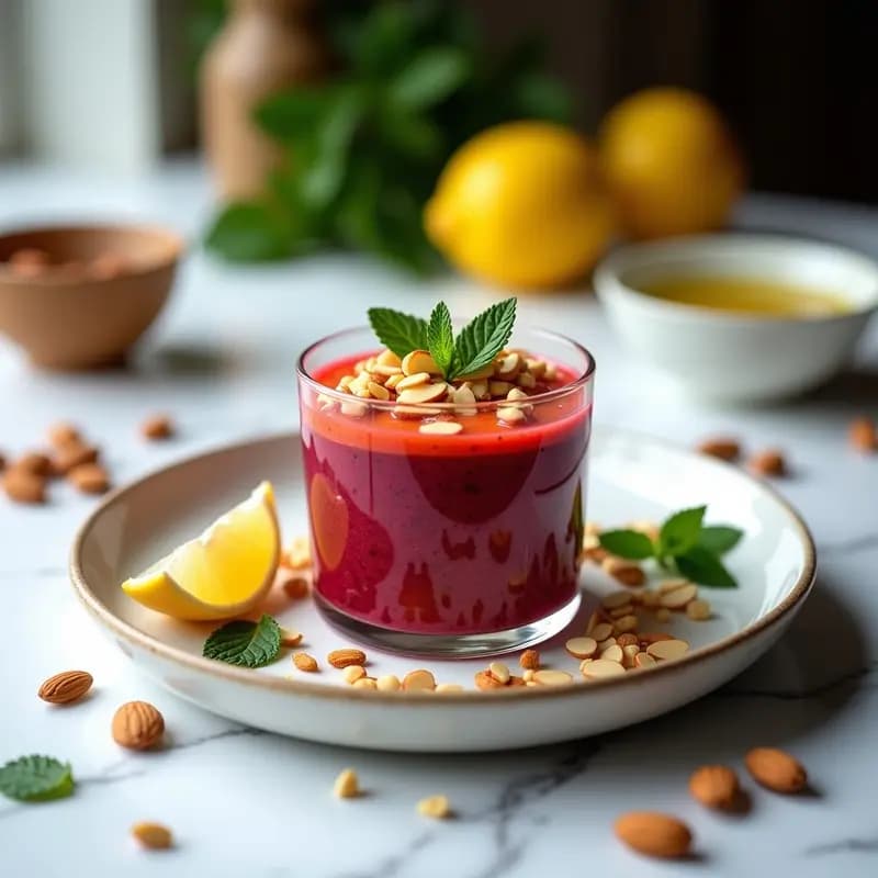 Tartar de remolacha y cítricos vegano servido en copa de cristal transparente, con capas de remolacha rallada naranja intenso, decorado con almendras tostadas y hojas de menta fresca sobre fondo blanco.