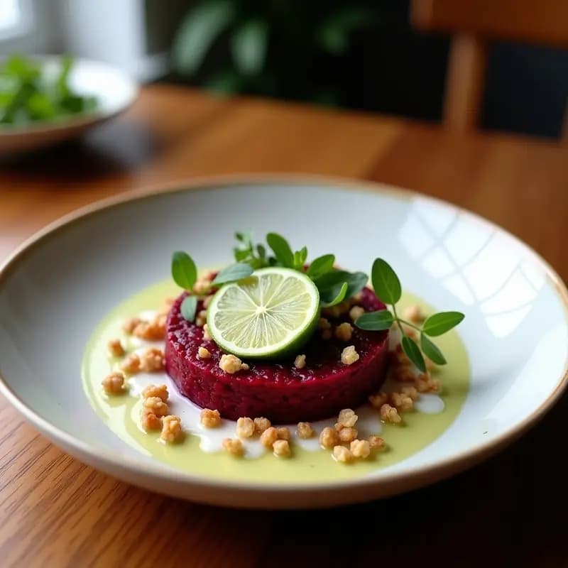 Plato blanco con tartar de remolacha y coco con lima, decorado con almendras fileteadas y cilantro fresco, sobre fondo rústico de madera.