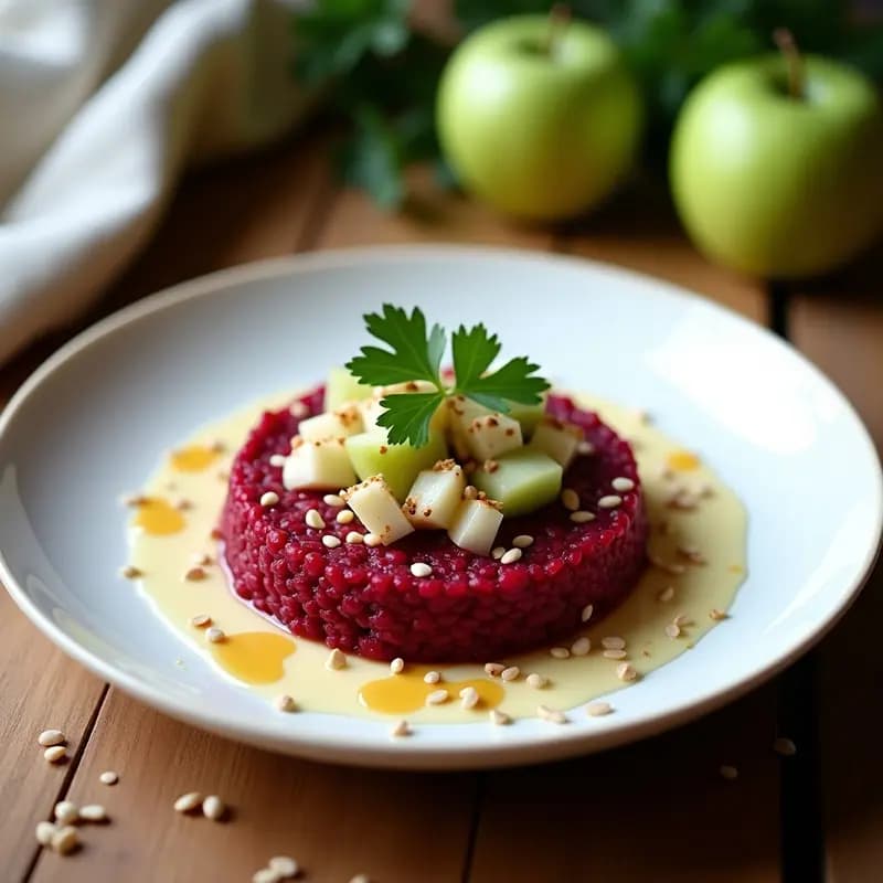 Plato blanco con tartar de remolacha crudivegano de color rojo intenso, mezclado con trozos de manzana verde y cebolla morada, decorado con semillas de sésamo y perejil fresco, acompañado de un aderezo cremoso de tahini y mostaza.