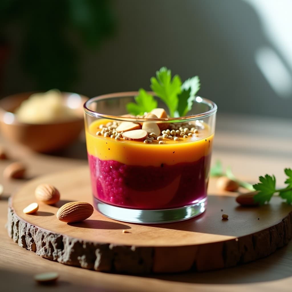 Copa de cristal transparente con tartar de remolacha y cúrcuma vegano, decorado con almendras fileteadas, semillas de sésamo y hojas de cilantro fresco sobre una tabla de madera rústica.