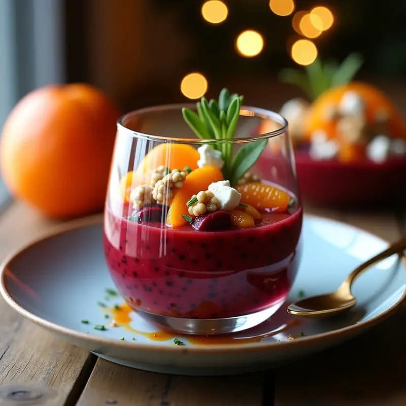 Tartar de remolacha asada y mandarina con vinagreta de vinagre de Módena servido en copa de cristal, decorado con cebollino fresco, nueces picadas y queso feta desmenuzado. Plato colorido y elegante, ideal como aperitivo navideño keto.