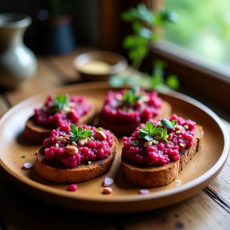 Tartar de remolacha y nueces vegano servido sobre tostadas de pan de centeno, con semillas de sésamo negro y hojas de eneldo fresco. Plato ucraniano crudivegano con colores vibrantes y textura crujiente.