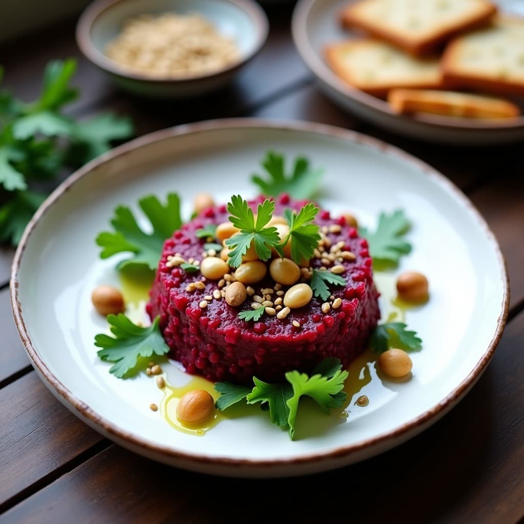 Plato elegante de tartar de remolacha y nuez de Brasil, con trozos uniformes de remolacha cruda, nueces de Brasil trituradas, semillas de sésamo y cilantro fresco sobre un lecho de rúcula, receta vegana alta en selenio.