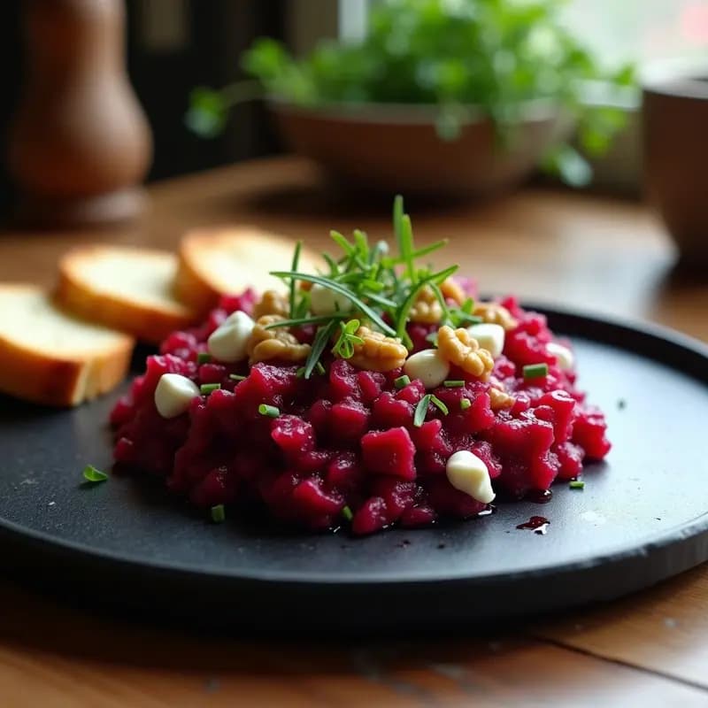 Plato de pizarra con tartar de remolacha y queso de cabra ahumado servido sobre tostadas, decorado con nueces y cebollino.