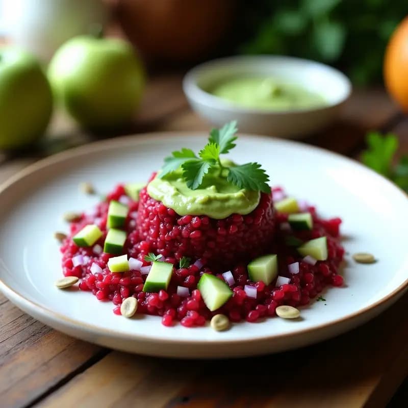 Plato blanco con tartar de remolacha vegano, vibrante y colorido, acompañado de salsa de pepita cremosa y decorado con semillas y cilantro fresco.