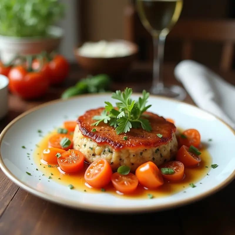 Plato blanco con tartar de remolacha y zafarrancho vegano, colorido y fresco, sobre lecho de rúcula, decorado con semillas de sésamo y hojas de menta.
