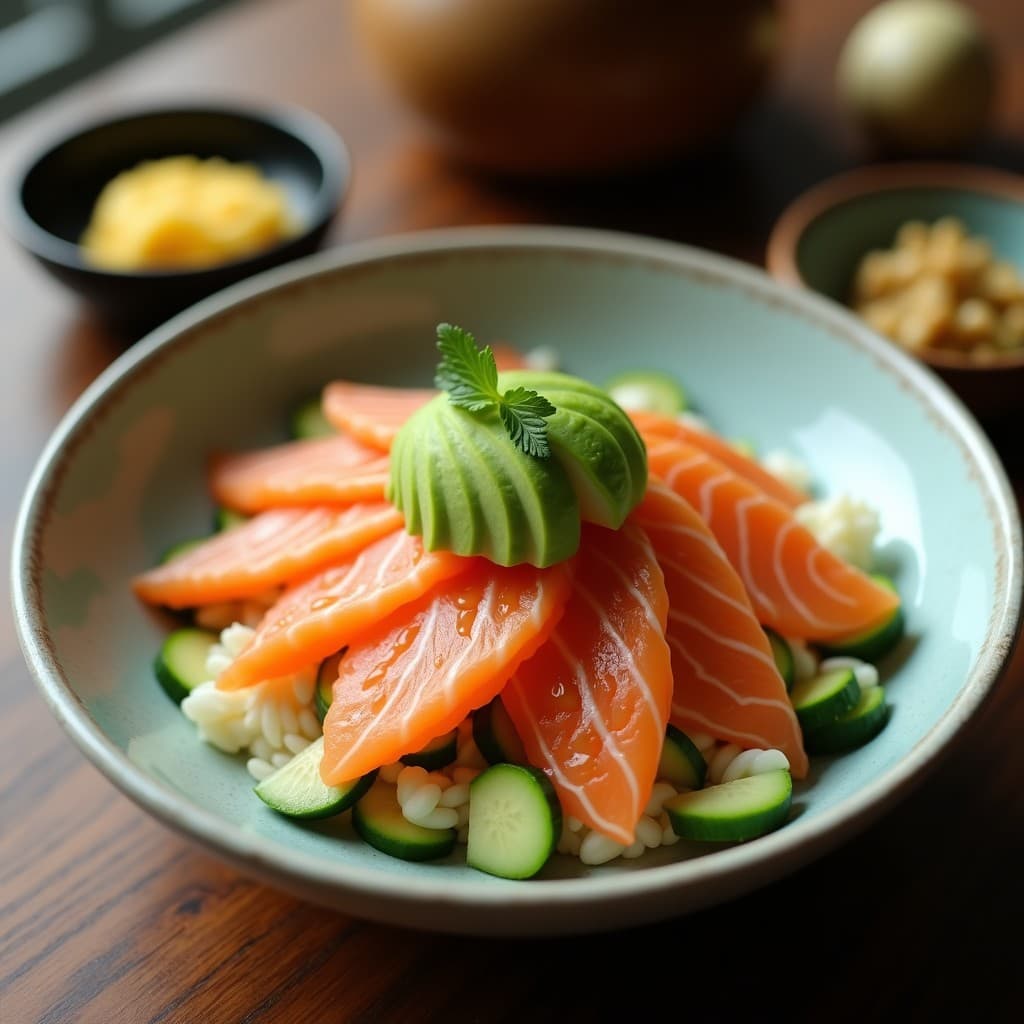 Sushi bowl con base de arroz blanco brillante, coronado por tartar de salmón rosado y aguacate verde en cubos, decorado con semillas de sésamo negro, algas nori y salsa de soja, receta express alta en omega-3.