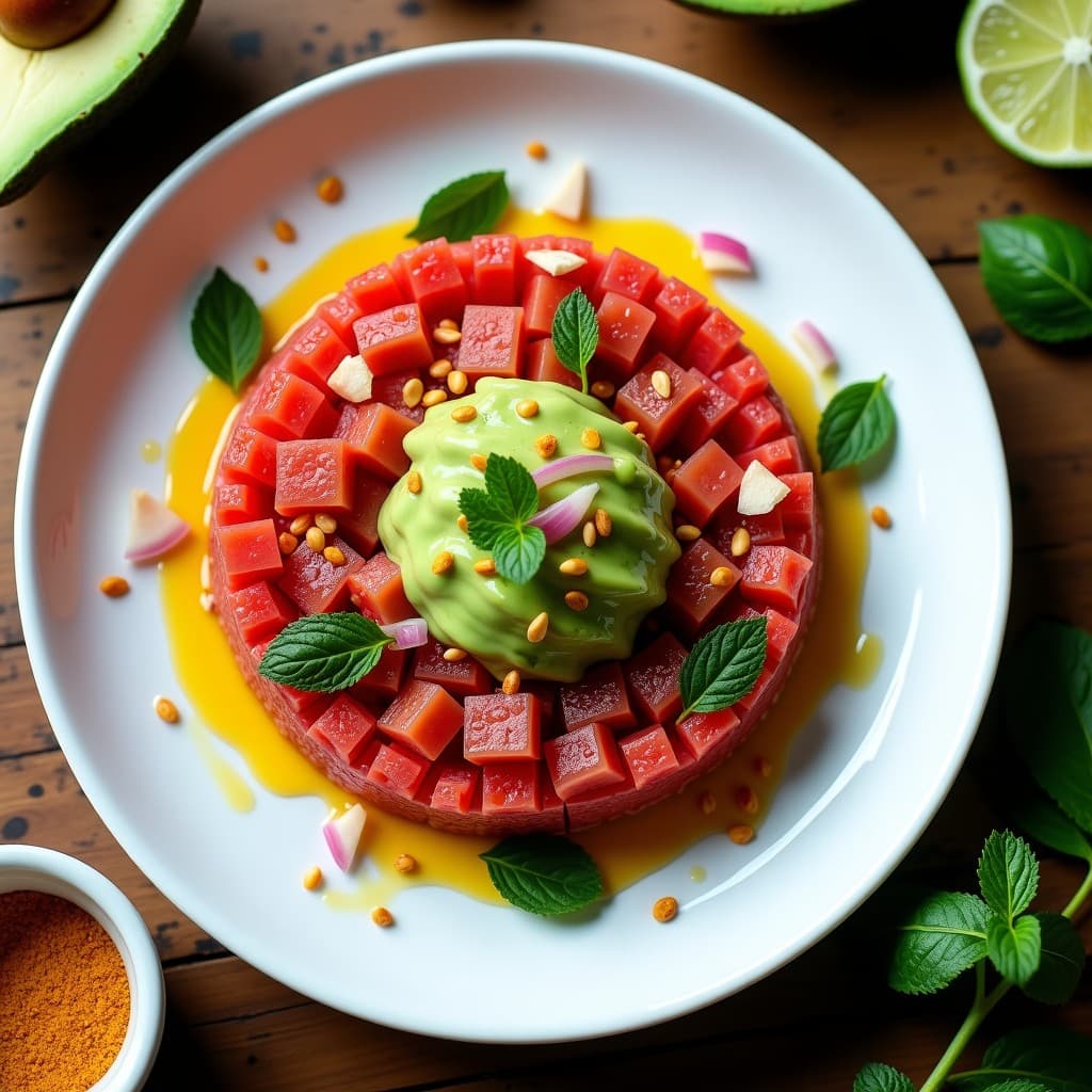 Tartar de tomate de árbol y aguacate en cubos sobre plato blanco, bañado con vinagreta de tamarindo brillante, decorado con semillas de sésamo y hojas de menta, receta peruana fresca y ácida.