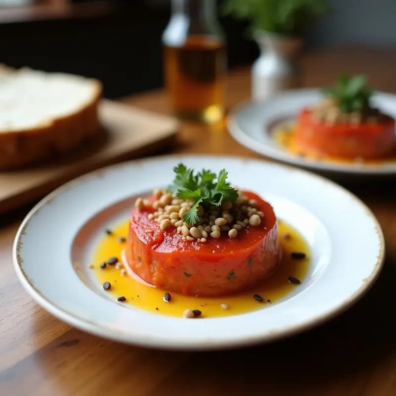 Tartar de tomate de árbol y cacahuete vegano servido en un plato blanco con decoración de cacahuetes picados y rodajas de aguacate, receta colombiana exótica y fresca.