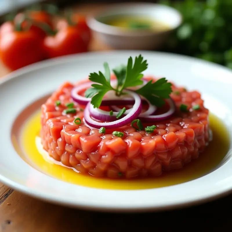 Plato blanco con tartar de tomate de árbol y cebolla morada en cubos, bañado con aceite de oliva virgen extra y decorado con perejil fresco. Receta chilena crudivegana fresca y colorida.