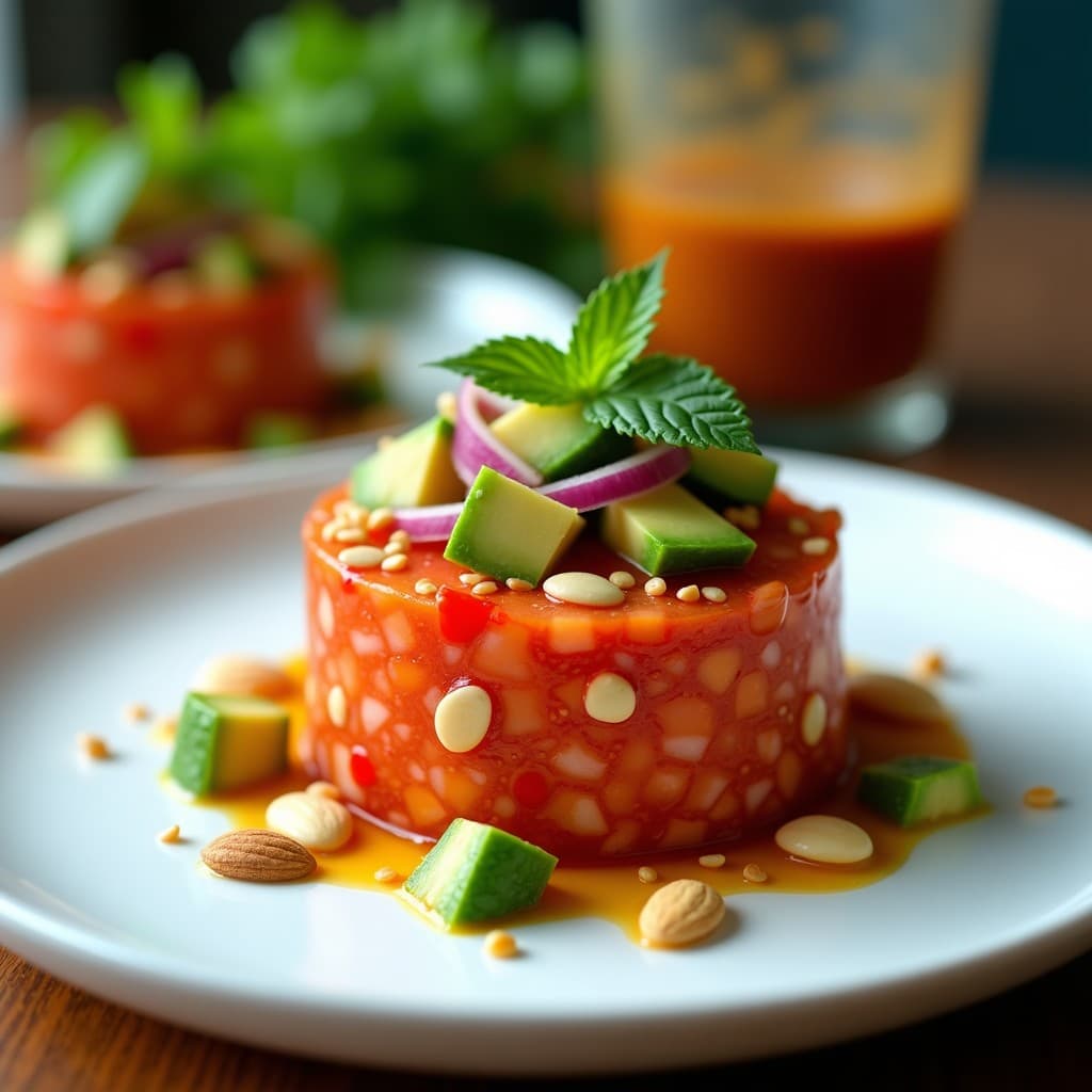 Plato blanco con Tartar de Tomate de Árbol y Ceviche de Coriandro: trozos de tomate de árbol, aguacate, cebolla morada y coriandro fresco, decorado con semillas de sésamo y almendras fileteadas, servido en copas de cristal.