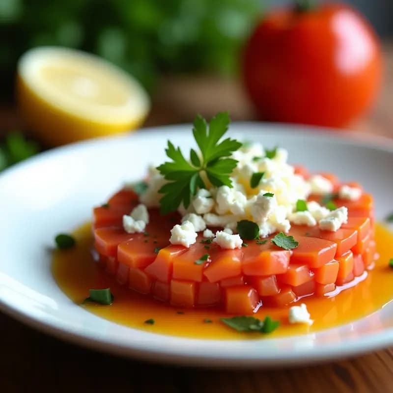 Tartar de tomate de árbol y queso fresco servido en plato blanco, con vinagreta de tamarillo brillando sobre los cubos de fruta y queso. Decorado con perejil fresco y rodajas de limón al fondo. Receta ecuatoriana fresca y colorida.