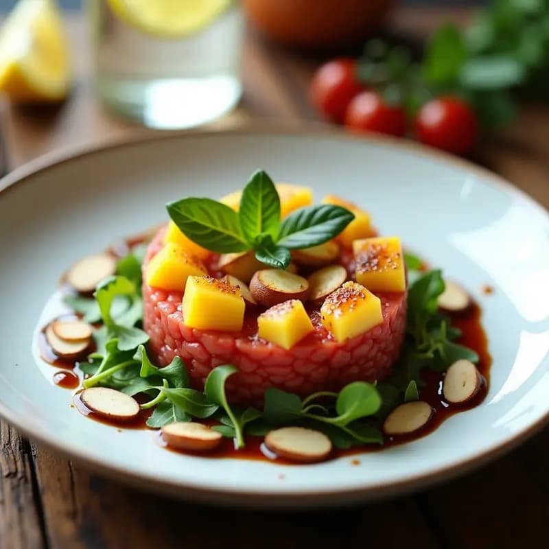 Tartar de tomate y melocotón con albahaca y vinagre balsámico servido en copa de cristal, con dados de tomate rojo y melocotón amarillo, hojas de albahaca fresca y un hilo de vinagre balsámico oscuro. Receta italiana crudivegana fresca y colorida.