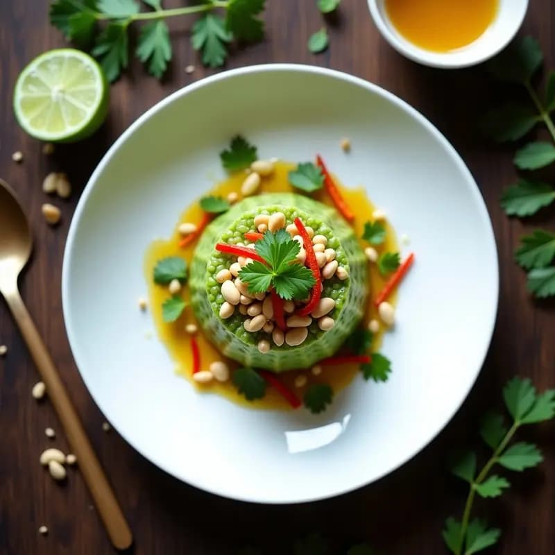 Tartar de tomate verde y cacahuete con vinagreta de limón kaffir servido en plato blanco de porcelana, decorado con hojas de cilantro y cacahuetes picados, sobre fondo de madera oscura. Receta tailandesa vegana fresca y colorida.