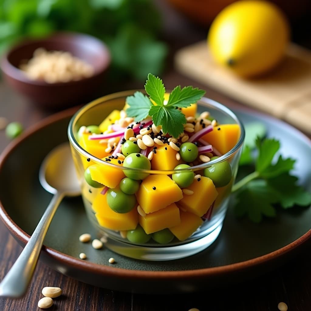 Tartar de tomate verde y mango en copa de cristal transparente, con trozos brillantes de mango amarillo, tomate verde pálido, cebolla morada, hierba limón y semillas de sésamo negro. Decorado con hojas de cilantro y maní picado, sobre fondo de madera oscura con detalles tailandeses.