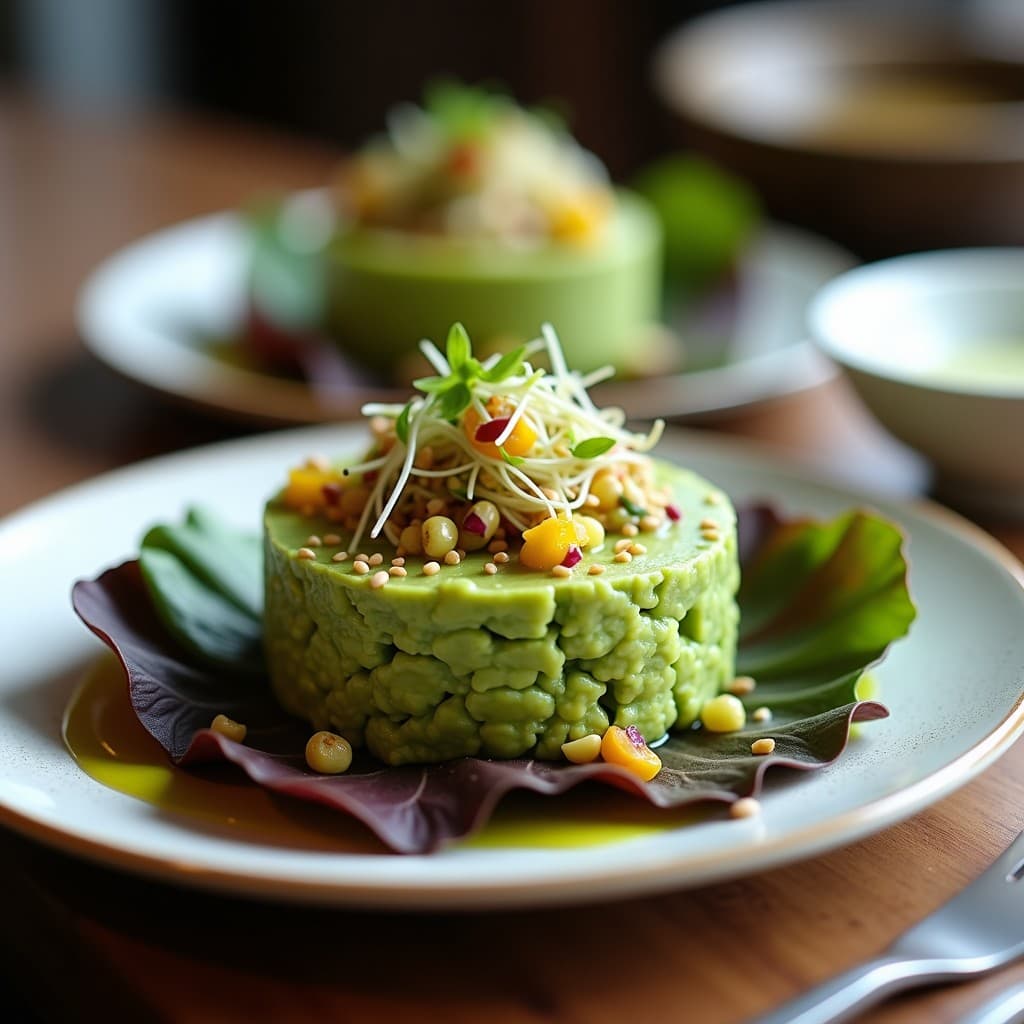 Tartar de tomate verde y palta con vinagreta de lima servido sobre hojas de lechuga morada, espolvoreado con semillas de sésamo tostadas y germinados de alfalfa. Plato colorido y fresco, típico de la gastronomía peruana vegana y crudivegana.