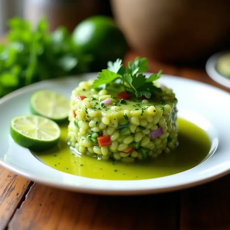 Tartar de tomate verde y pepino con vinagreta de lima y cilantro servido en un plato blanco, decorado con hojas de cilantro fresco y rodajas de lima. Entrante colombiano fresco y colorido.