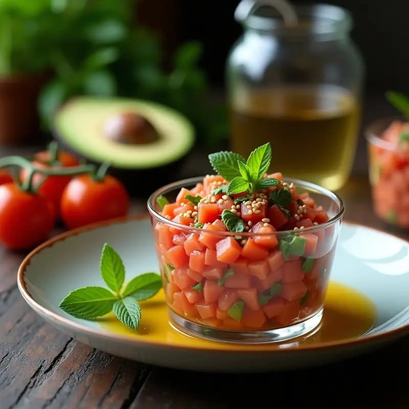 Tártara de tomate de árbol y aguacate servida en copa de cristal transparente, con vinagreta de miel de ulmo, decorada con semillas de sésamo y hojas de hierbabuena sobre fondo rústico de madera oscura. Receta chilena vegana fresca y colorida.